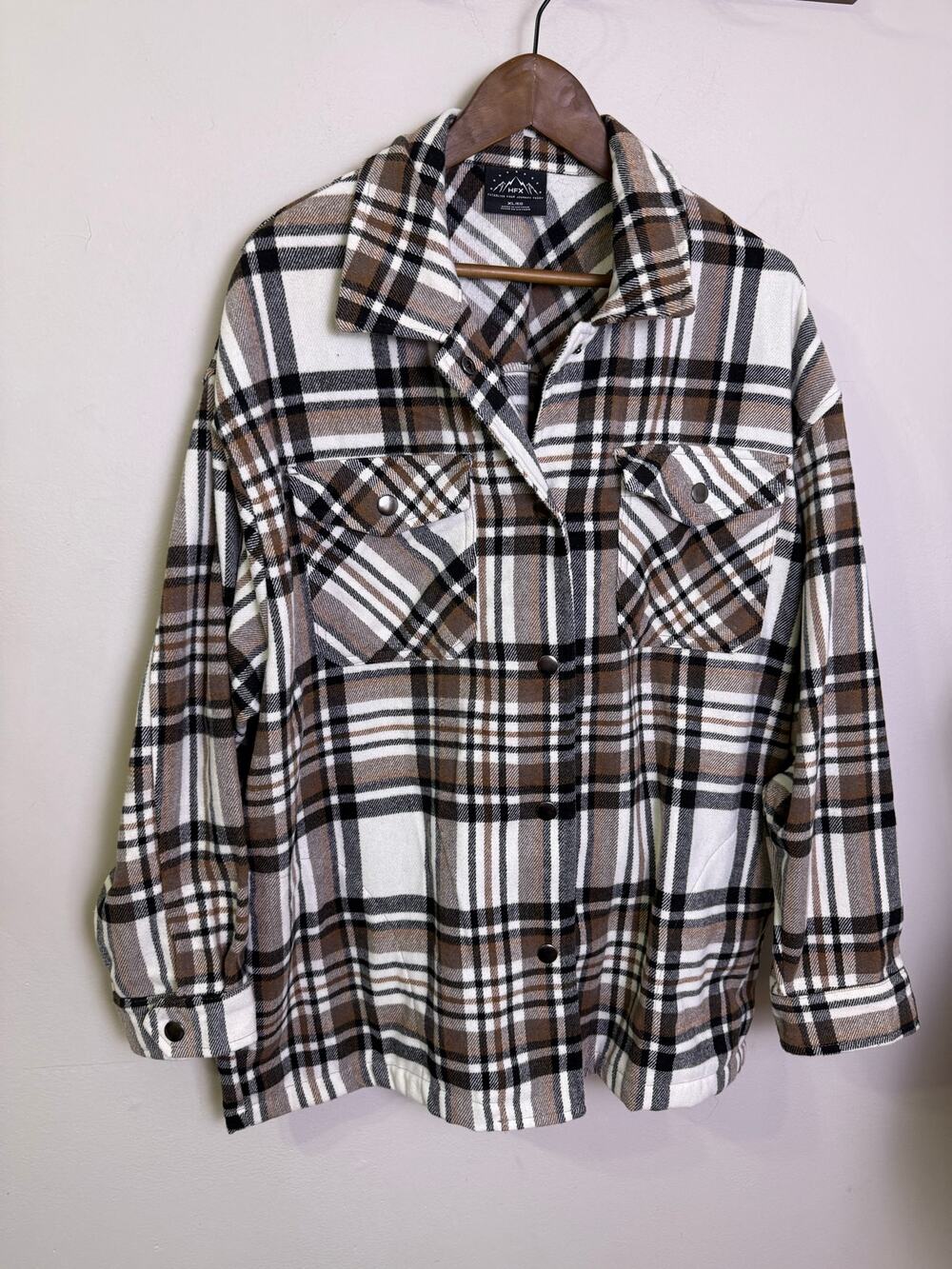 HFX Brown Black White Plaid Flannel Shacket Jacket Shirt Women’s XL